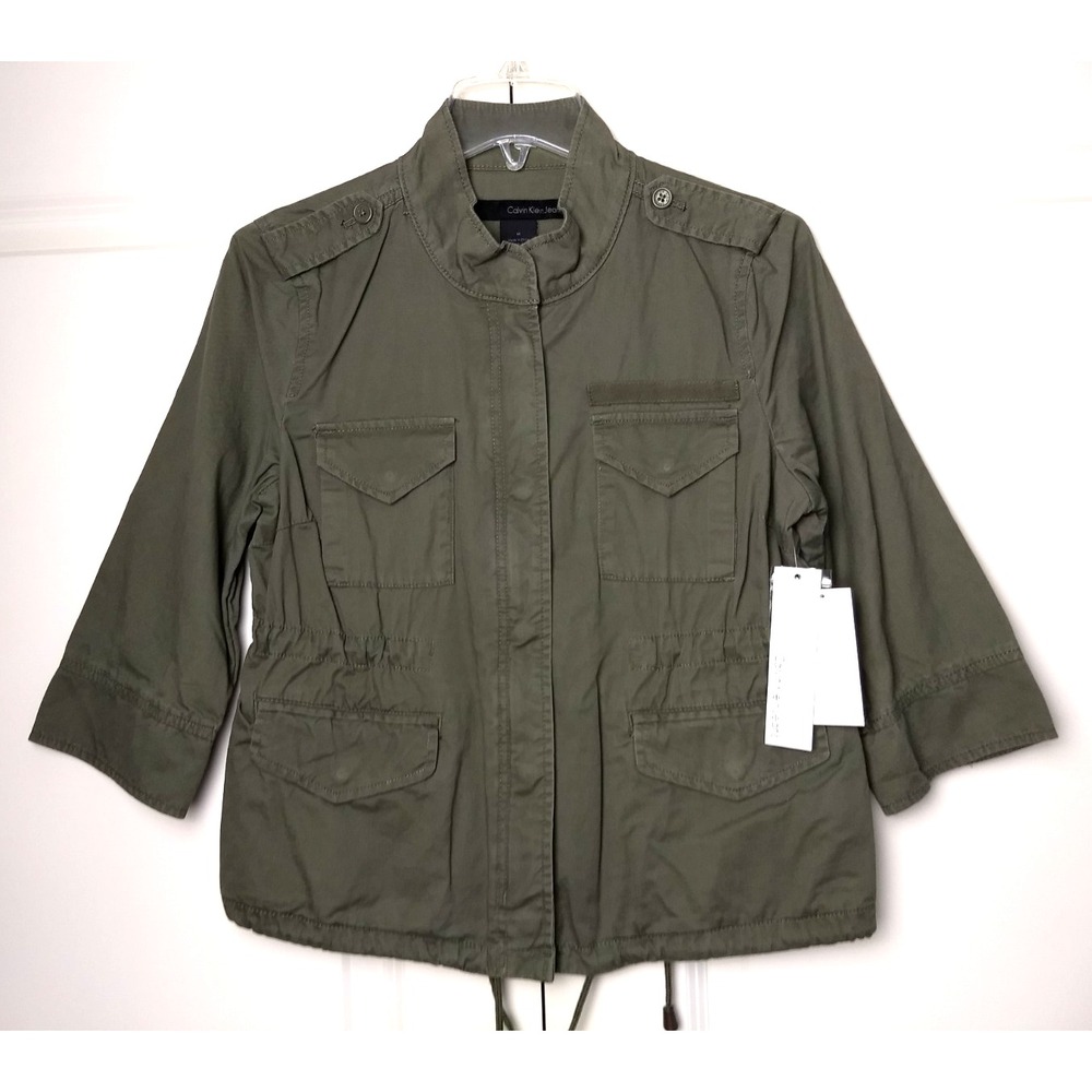 Calvin Klein Jeans Military Jacket Green 100% Cotton Women M Epaulettes NEW